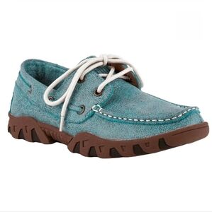NWT - FERRINI TURQUOISE MICROSUEDE LEATHER LACE UP RUBBER SOLE LOAFER BOAT SHOES